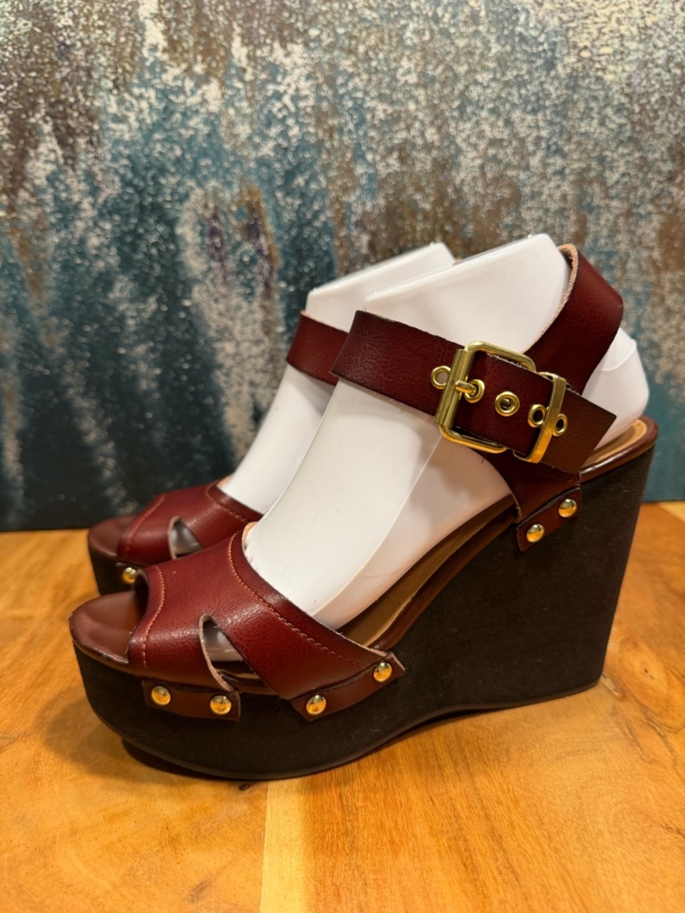 Steve Madden mid 2010s boho leather platform wedge sandals burgundy 9 FAIR - Picture 3 of 16